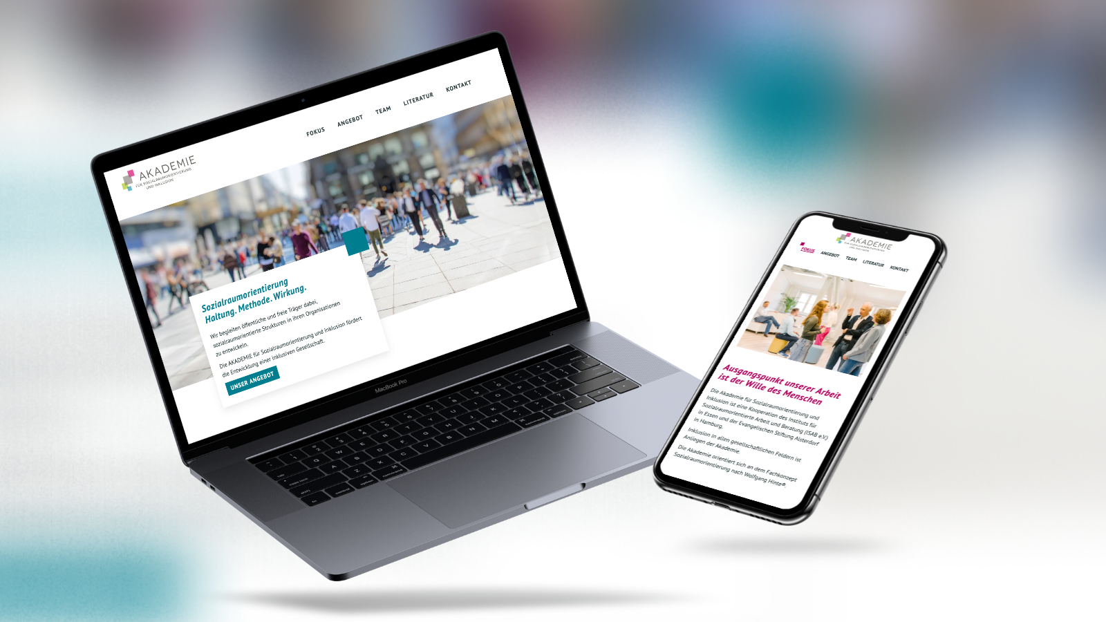 Projektbild Akademie für Sozialruamorientierung und Inklusion - Website auf Laptop und Mobile